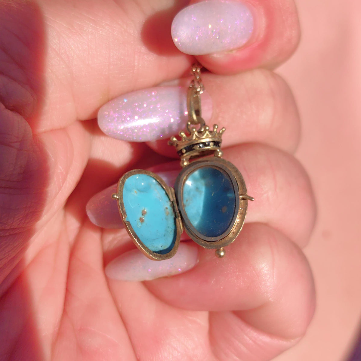 Victorian 18k Gold Blue Enamel Crown Locket Pendant: Hand Painted Antique