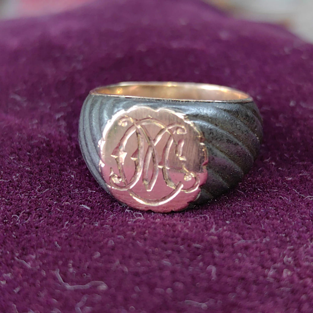 Victorian 14k Gold Initial Signet Ring: Antique Coat of Arms Seal