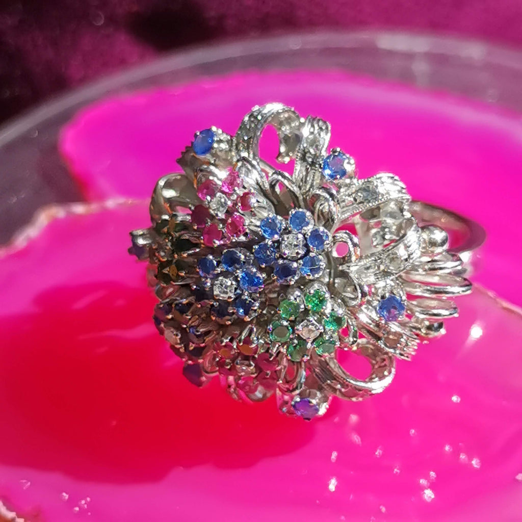 Emerald Diamond Ruby and Sapphire Solid Gold Tutti-Frutti Floral Design Colorful Ring