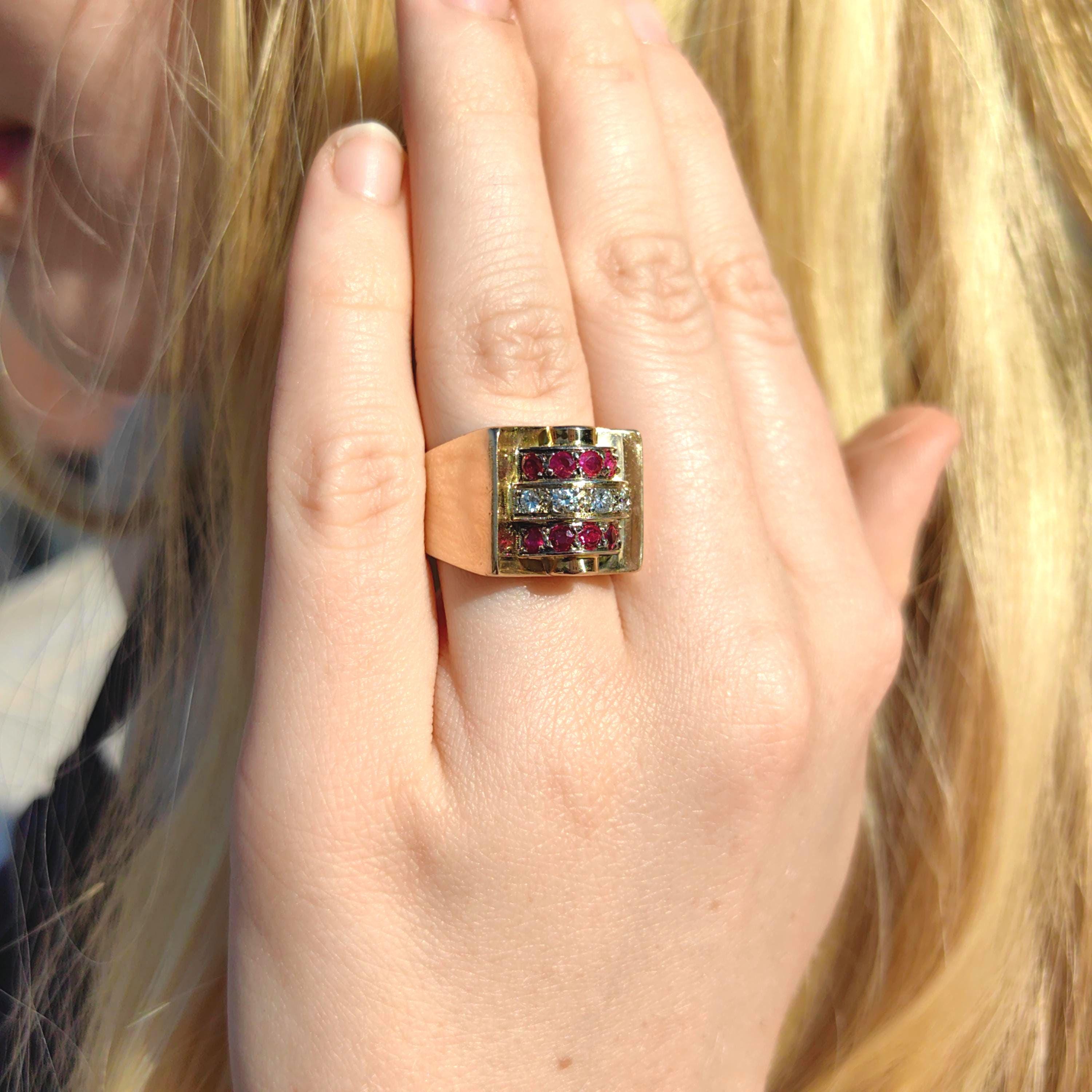 French Art Deco 18k Gold Tank Chevalier Ring: natural Ruby, Diamond Statement Jewelry 1920s luxurious stylish gift, Unisex original antique