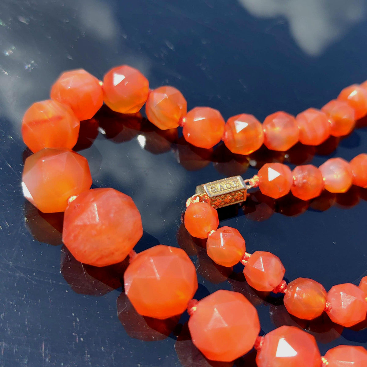Antique Orange Agate Beaded Necklace: 14k Gold Amour Love Lock