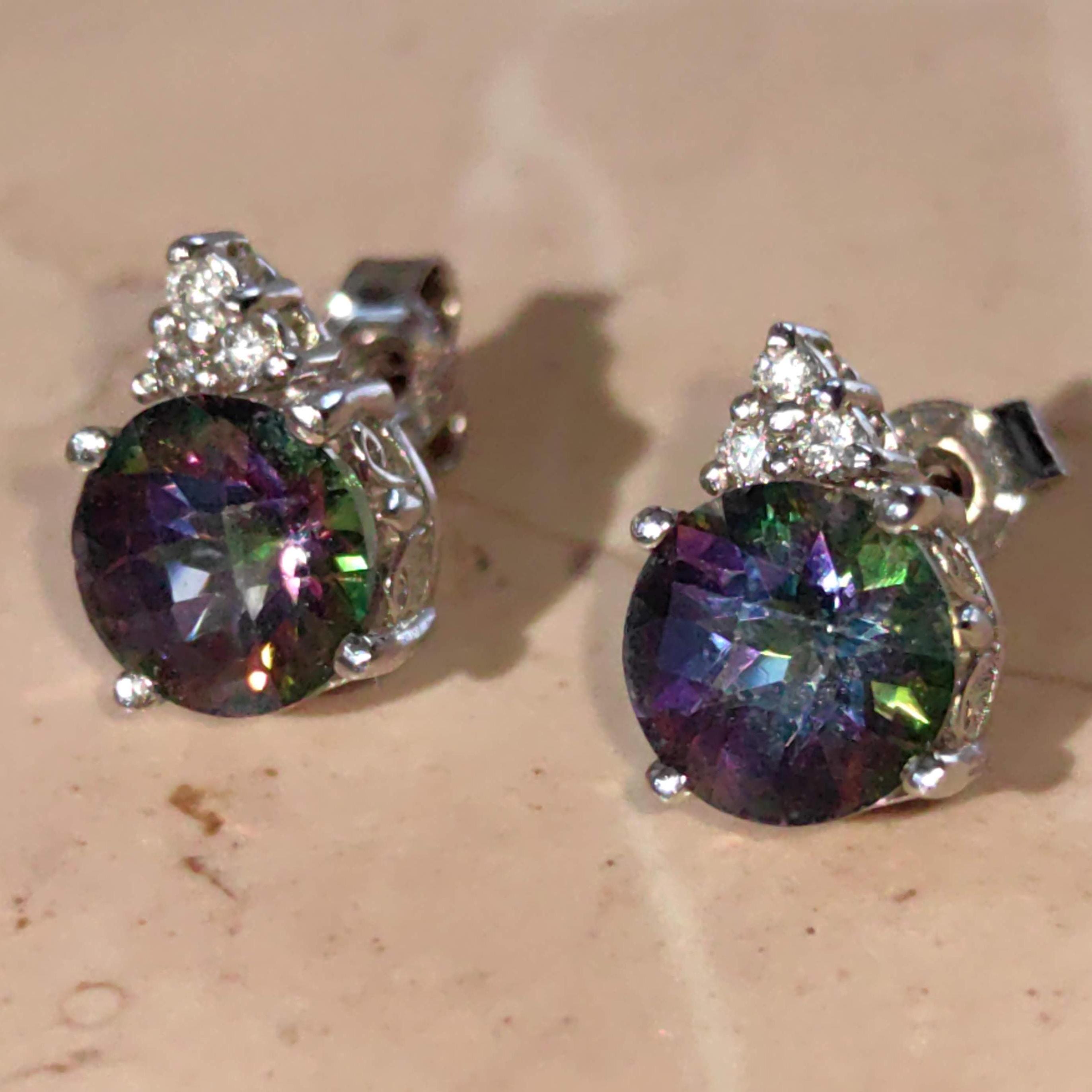 Mystic Topaz Diamond White Gold 14k Solid Gold Stud Cluster Antique Vintage Earrings
