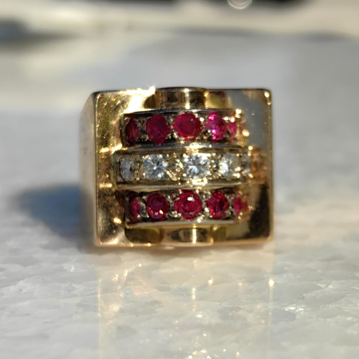 French Art Deco 18k Gold Tank Chevalier Ring: natural Ruby, Diamond Statement Jewelry 1920s luxurious stylish gift, Unisex original antique