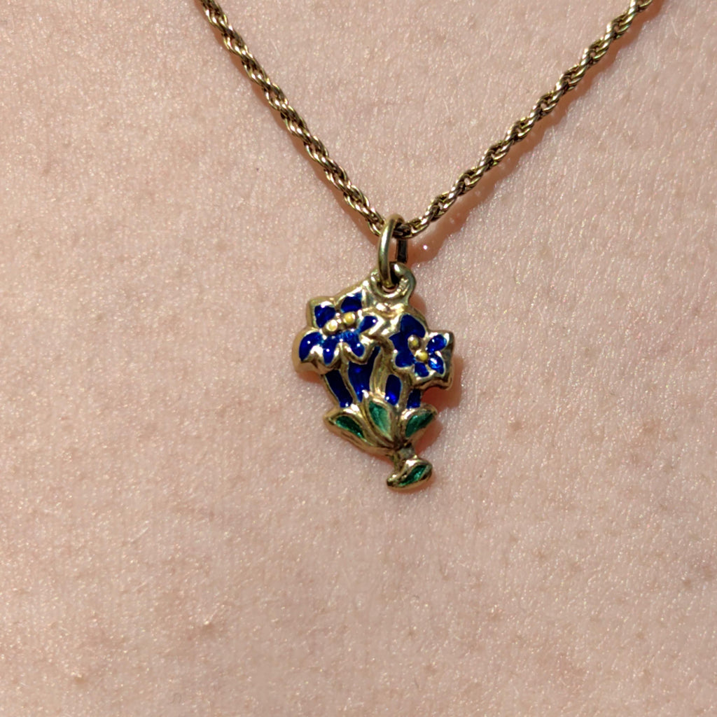 14k Gold Art Deco Floral Pendant: Hand Painted Enamel Flower Charm