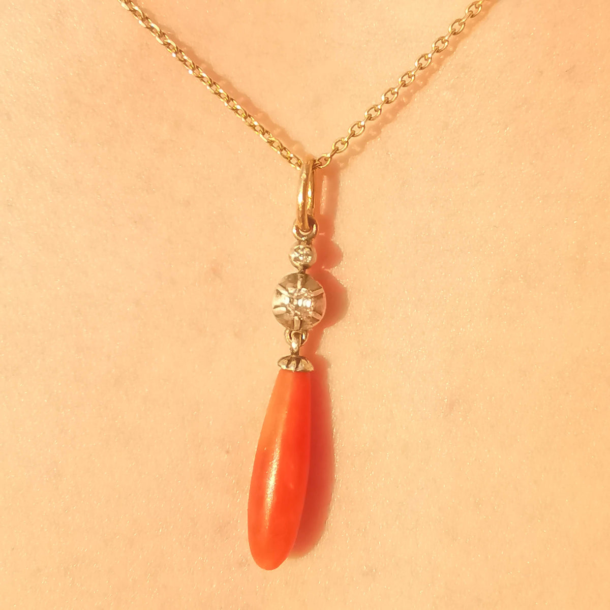 Victorian Red Mediterranean Natural Coral Diamond Pendant 14k Solid Yellow Rose Gold & Silver Antique 1880s Drop Dangle Pendant Charm