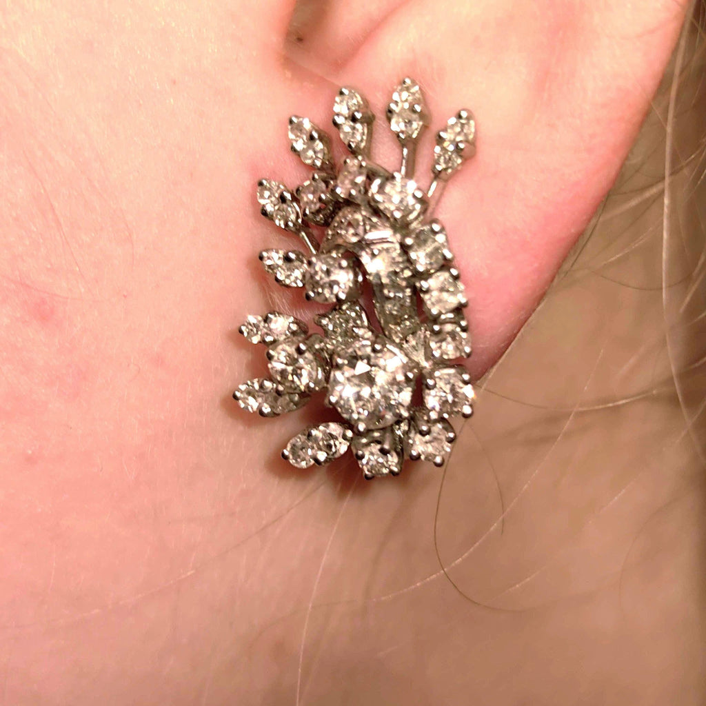 Late Art Deco 1940s Diamond Hallmarked 18k Solid White Gold Antique Wedding Elegant Drop Dangle statement Earrings Gift for Her Present