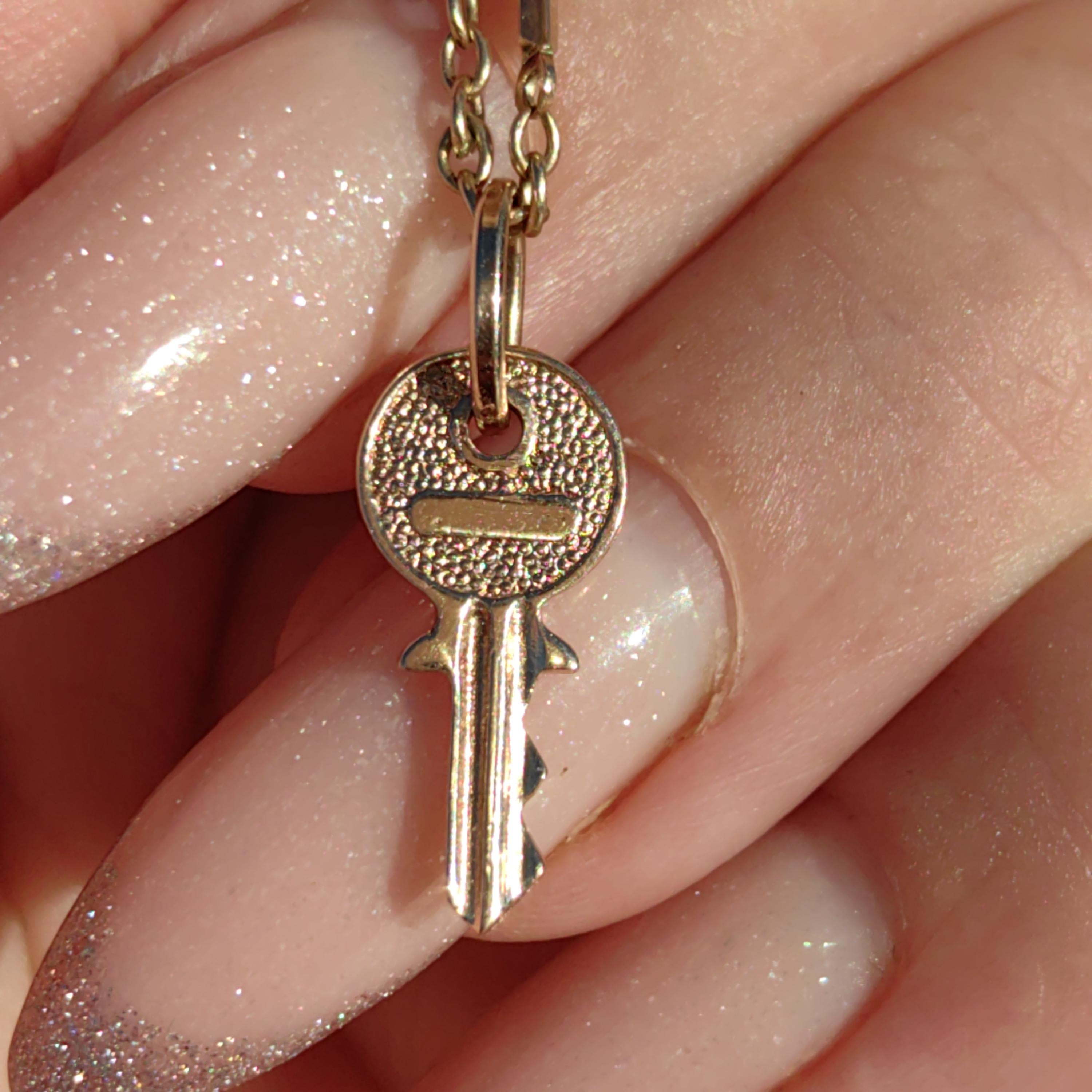 Antique Vintage Solid 14k Yellow Rose Champagne Gold Dainty Elegant Key Necklace Pendant Bracelet Charm  Gift for Her