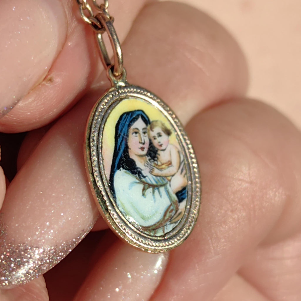 Antique Art Nouveau 14k Gold Madonna Pendant, Hand Painted Enamel Virgin Mary Baby Jesus
