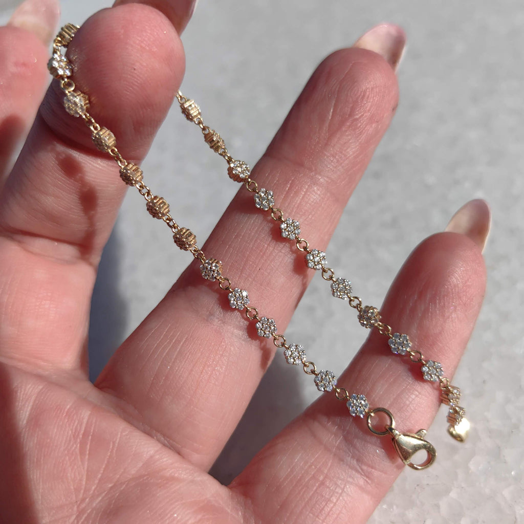 14k Gold Vintage Flower Bracelet with Cubic Zirconia, 1980s