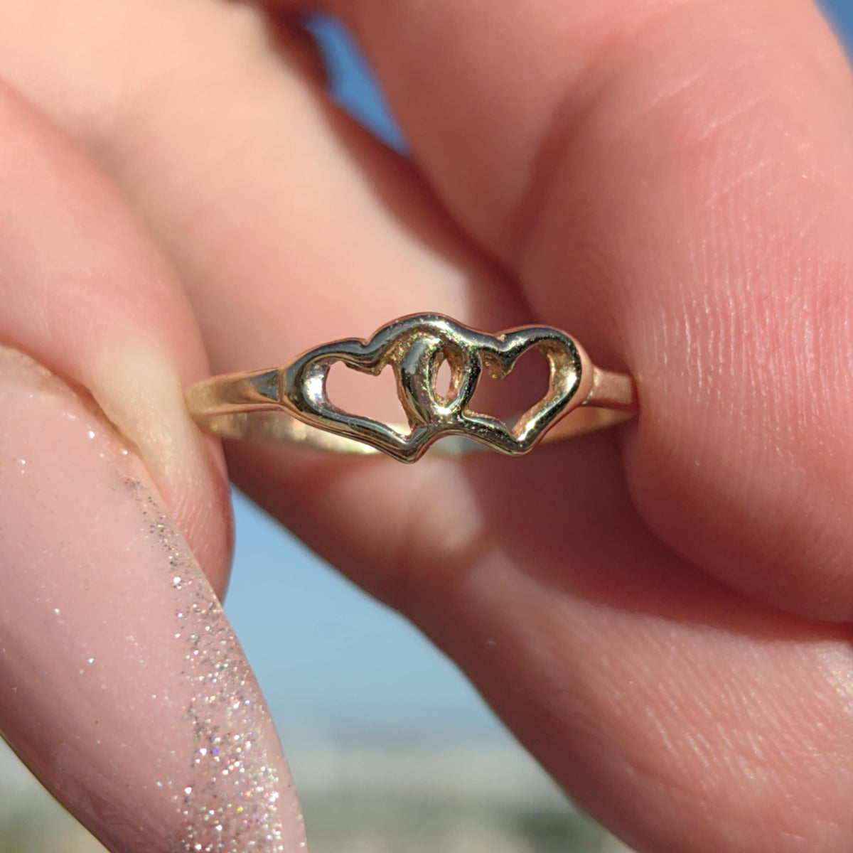 Vintage 14k Hallmarked Yellow Gold Heart Shaped Dainty Promise Ring Two Heart Engagement Wedding Ring Elegant Gift for Her