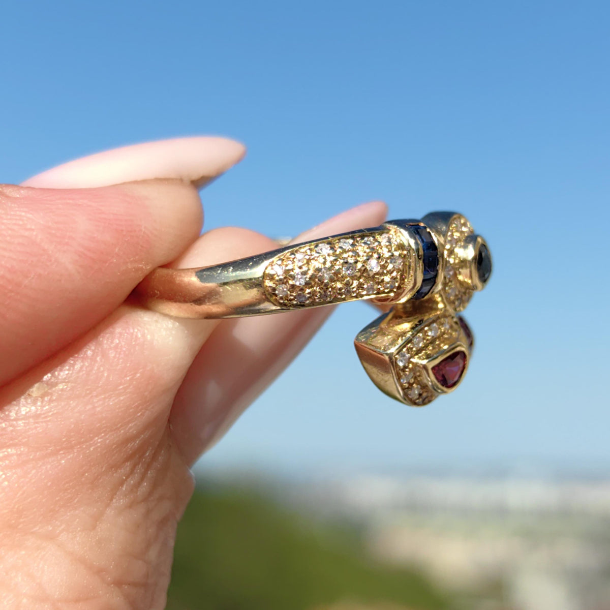 Vintage 18k Gold Snake Ring: Ruby, Sapphire & Diamond Accent