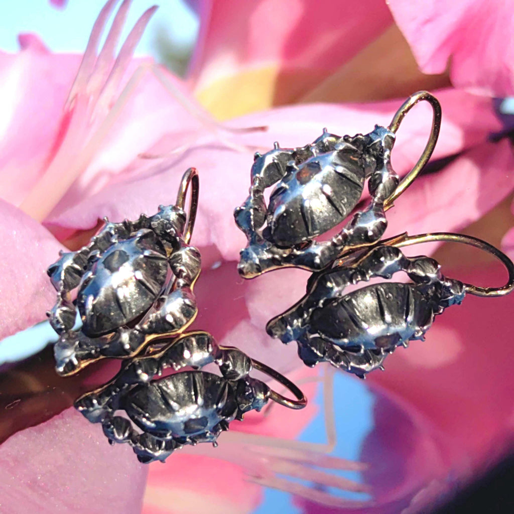 Baroque Diamond Earrings: Victorian 14K Gold & Silver Dormeuses