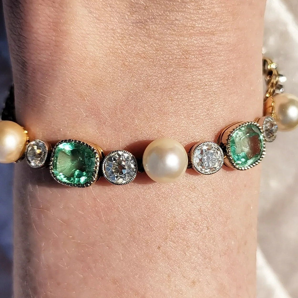 Victorian 18k Gold Bracelet: Antique Diamond, Emerald & Pearl Art Nouveau Jewelry