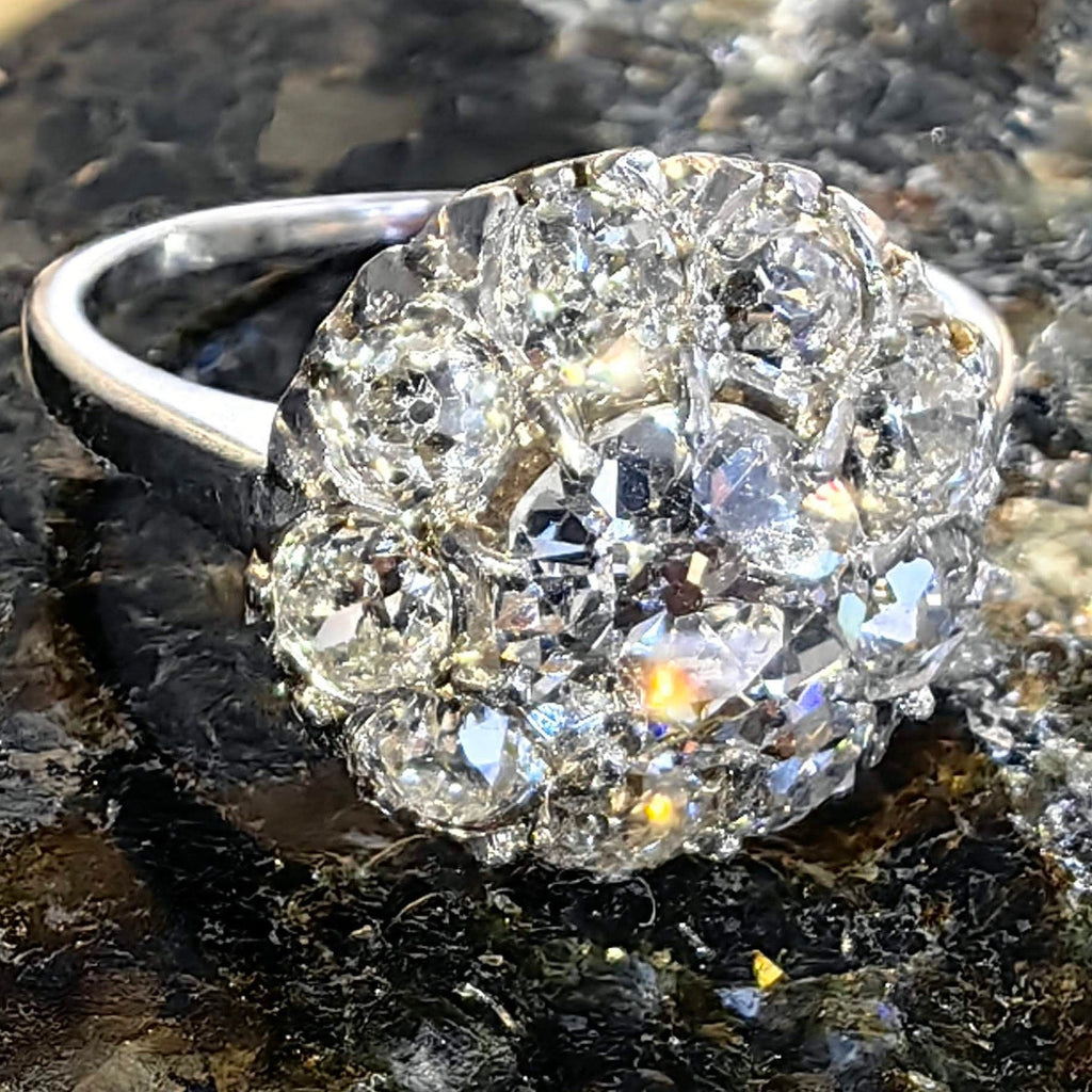Antique 1.90ct Diamond Cluster Ring: 14K White Gold Art Deco Engagement