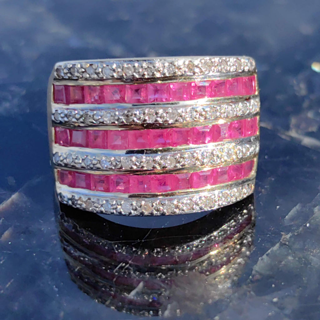 Vintage 18k Solid Yellow Gold Natural Raspberry Red Ruby and Diamond Statement Wide Ring Unisex Size 7.25