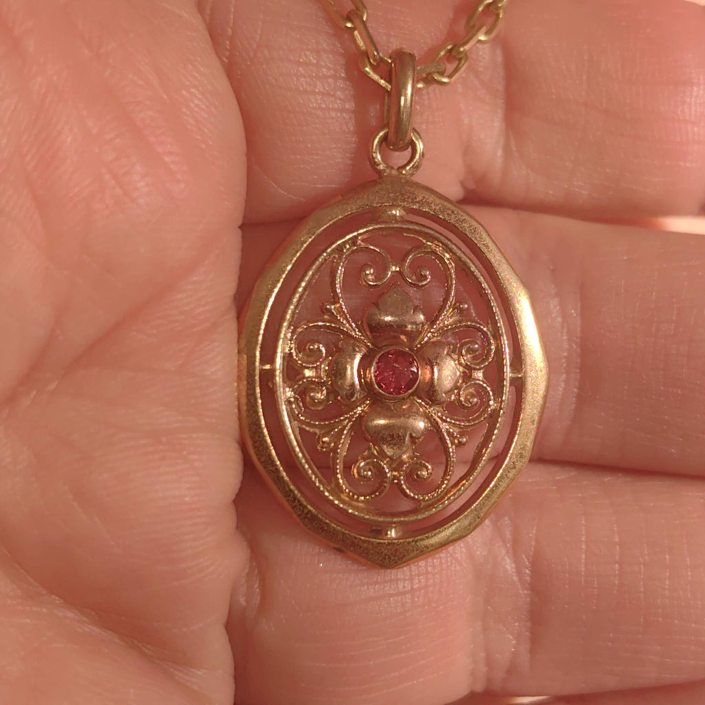 Vintage Gold-Filled Pendant: Art Nouveau Floral Charm with Artificial Ruby