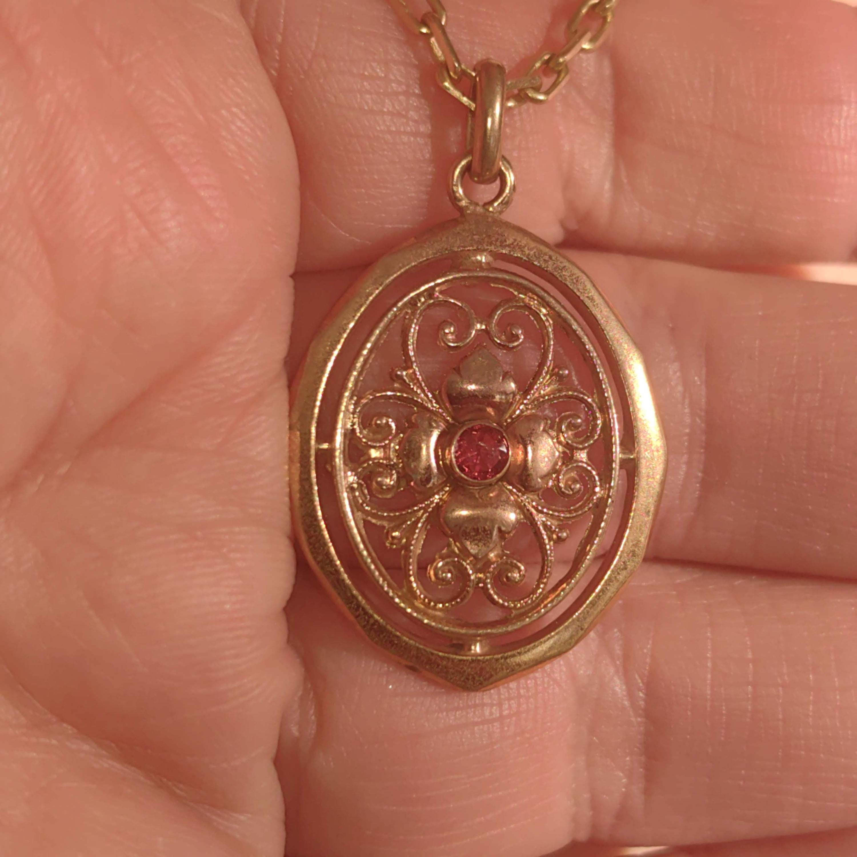 Vintage Gold-Filled Pendant: Art Nouveau Floral Charm with Artificial Ruby