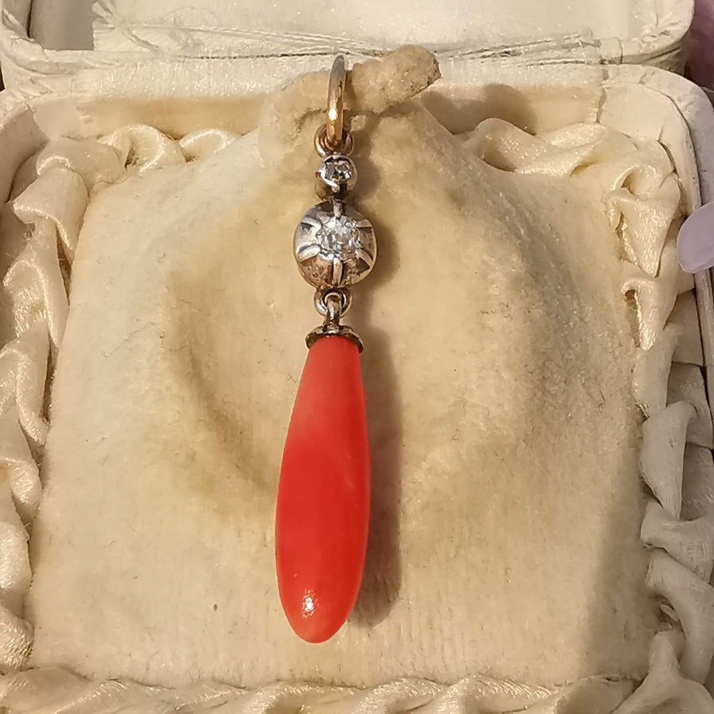 Victorian Red Mediterranean Natural Coral Diamond Pendant 14k Solid Yellow Rose Gold & Silver Antique 1880s Drop Dangle Pendant Charm