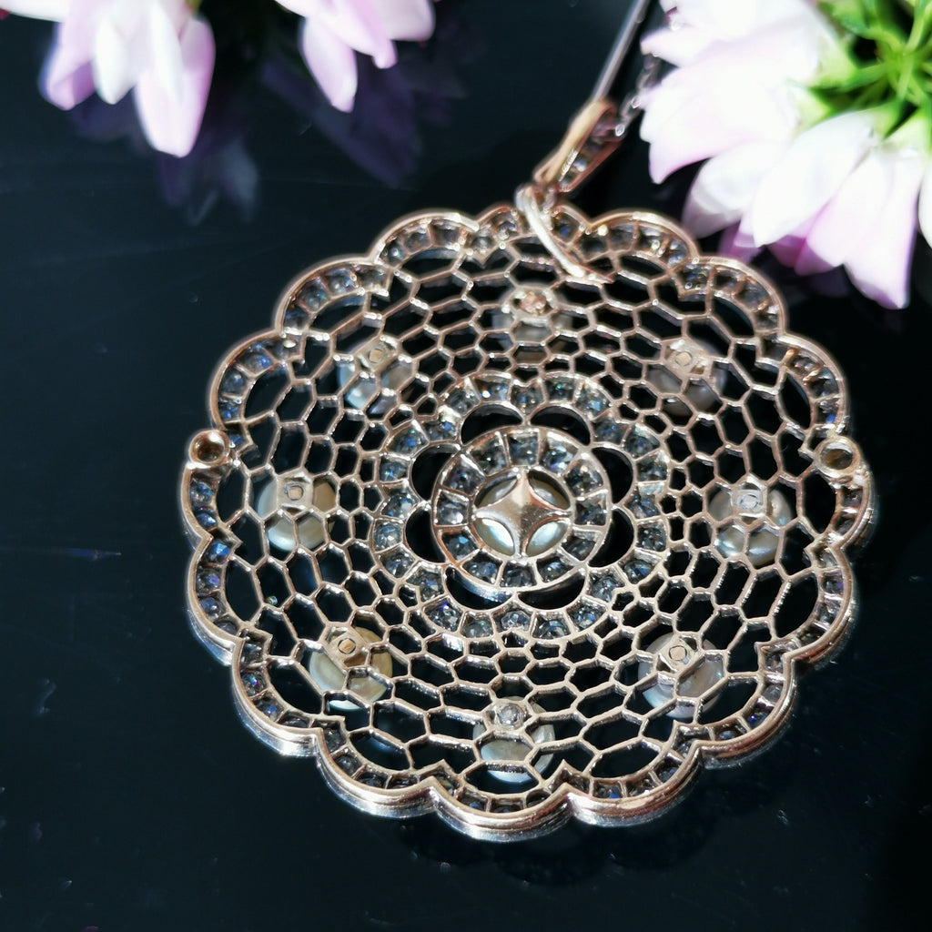 Edwardian 14K Solid Gold Natural Diamond Pearl Statement large Pendant  Antique Art Deco Filigree Handmade Gift for Her