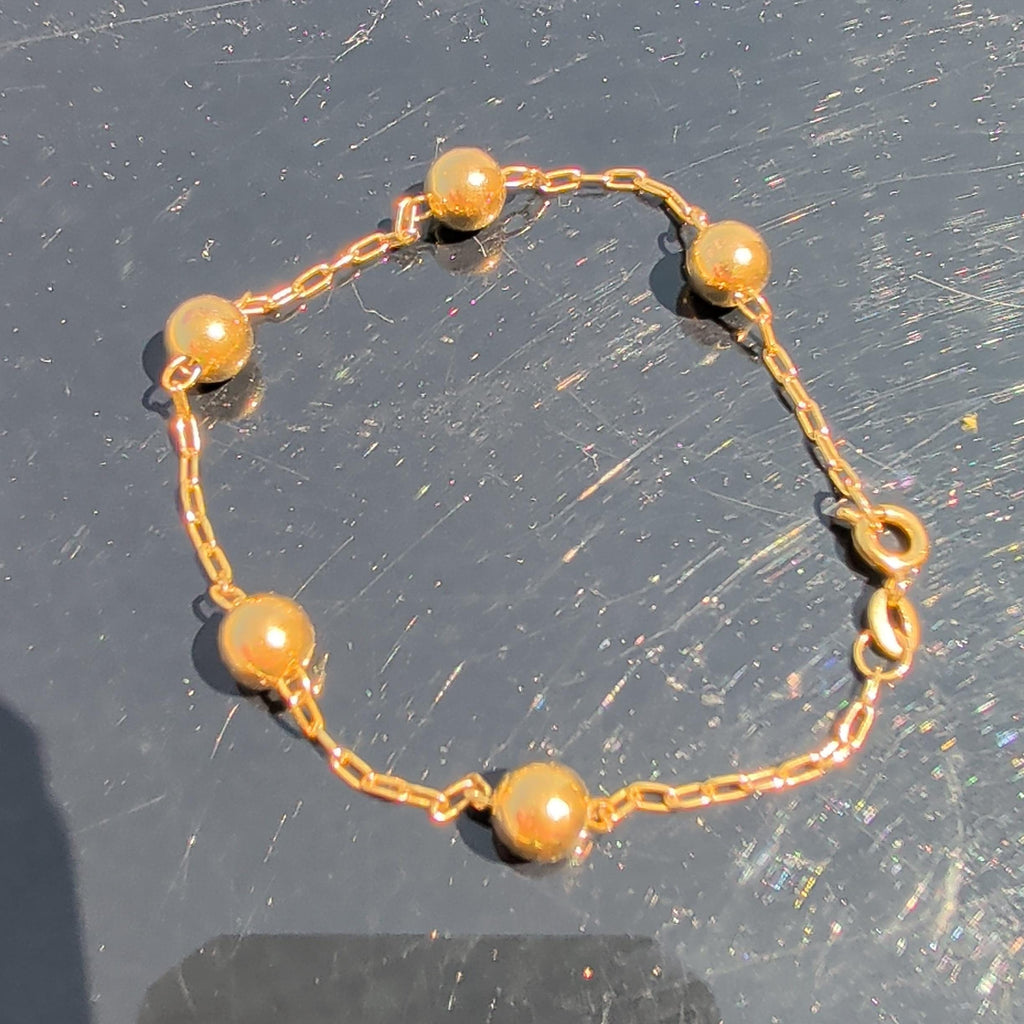 18k Solid Yellow Gold Link Ball Chain Bracelet, Hallmarked Handmade beads bracelet, Vintage Antique Style Unisex Gift Bracelet, 20cm, 3 gr