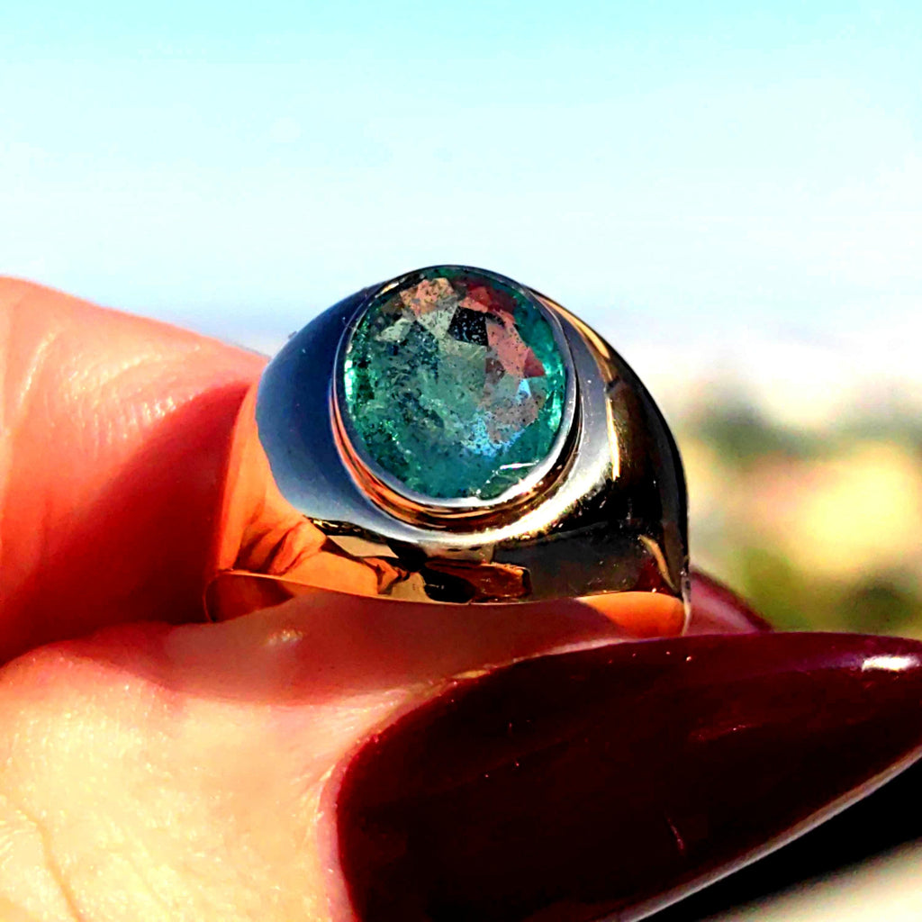 Emerald Hallmarked 14k 585 Hallmarked Solid Yellow Rose Champagne Gold Vintage 1930s Oval Natural Emerald Band Solitaire Ring Gift Present