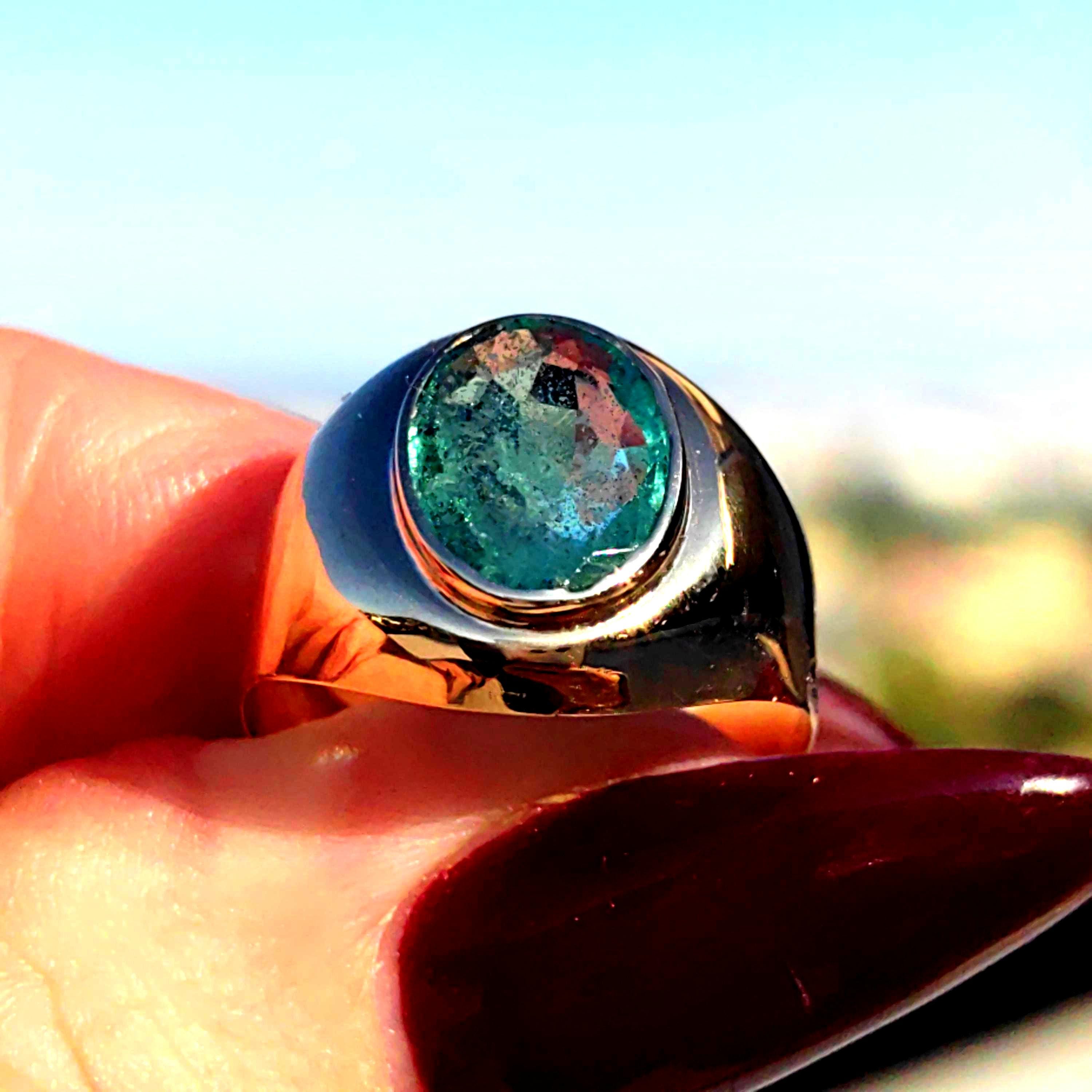 Emerald Hallmarked 14k 585 Hallmarked Solid Yellow Rose Champagne Gold Vintage 1930s Oval Natural Emerald Band Solitaire Ring Gift Present