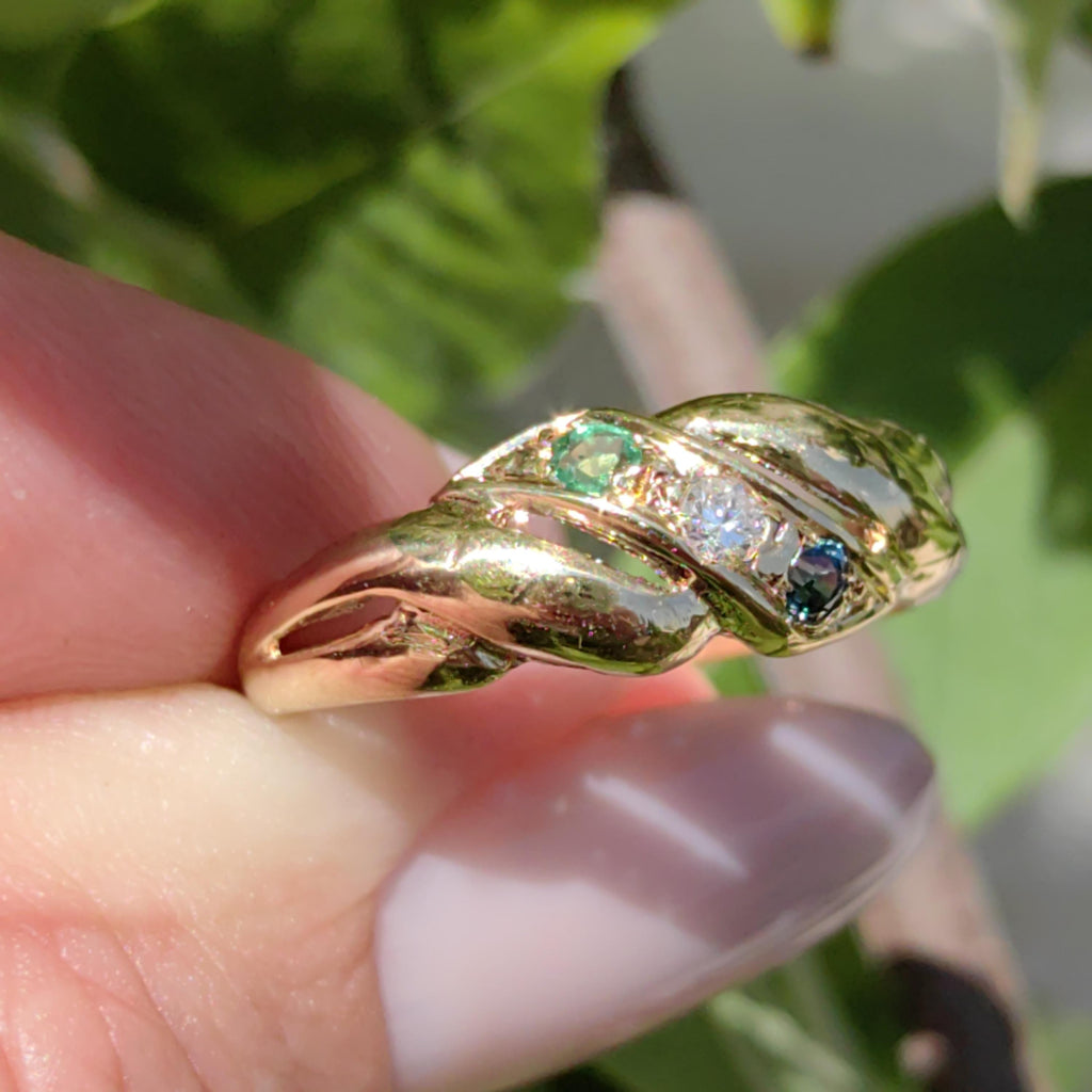 Natural Green Emerald Blue Sapphire Diamond 14k Solid Yellow Gold Vintage Antique Wave Shaped  Multi Stone Elegant Band Engagement Ring
