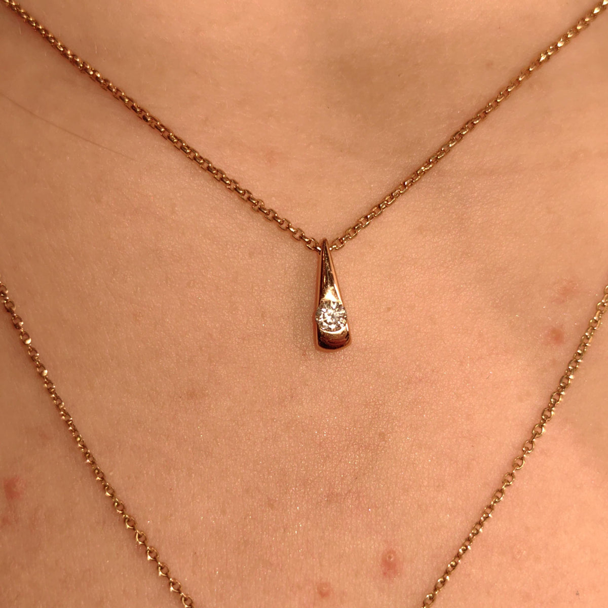 Solitaire Diamond Solid 14k Champagne Gold Vintage Triangle Elegant Charm Pendant with chain Necklace  Dainty Minimalist Gift for Her Wife