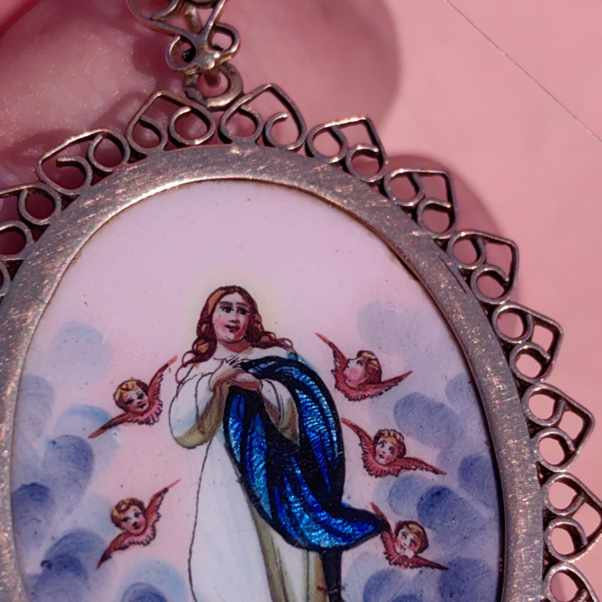 Antique Enamel Virgin Mary Pendant: 14K Gold Art Nouveau Religious Charm