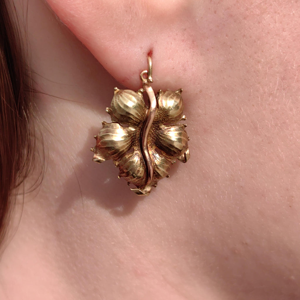Antique 1870s Floral Leaf Earrings: 14k Yellow-Rose Gold Dormeuses