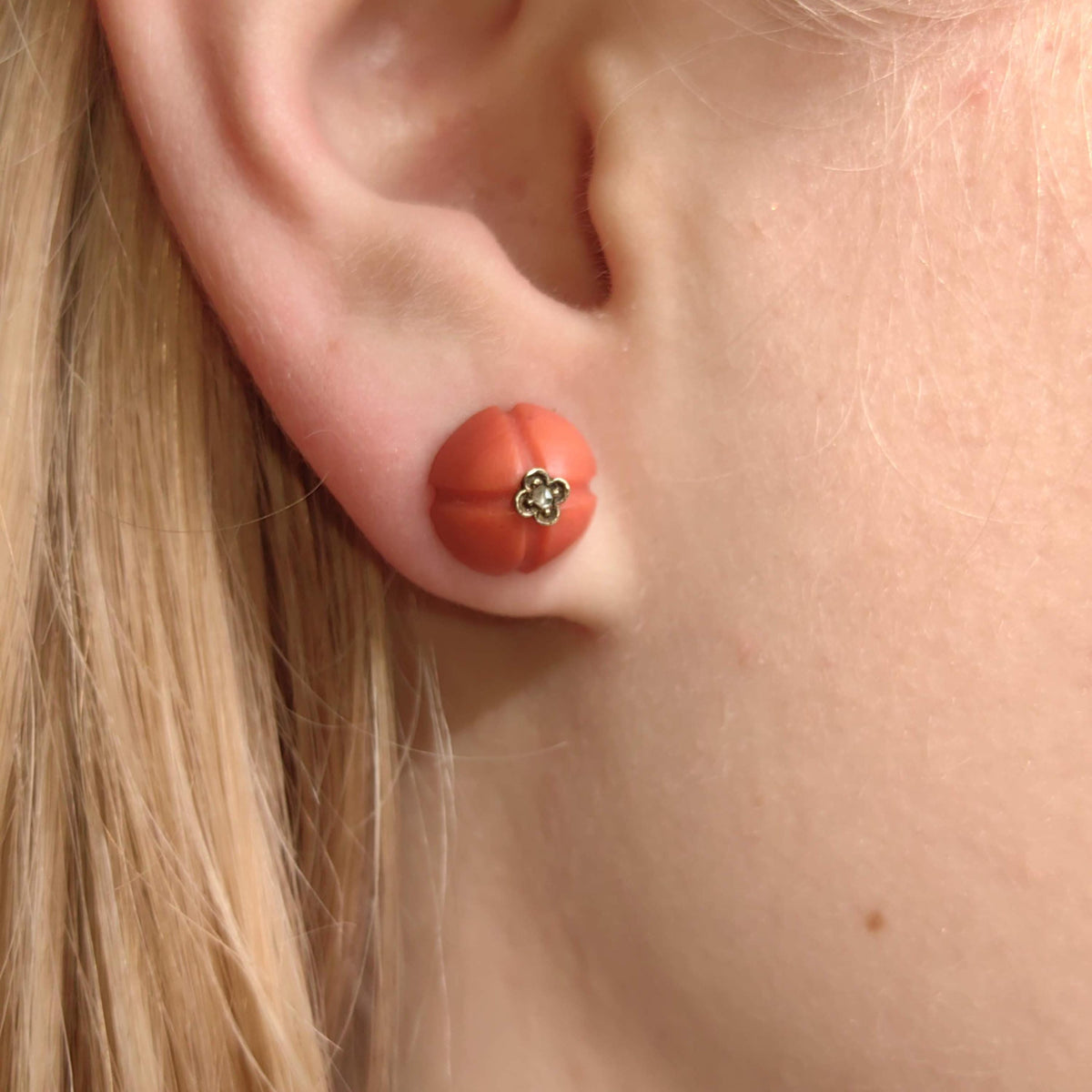 Victorian Coral Stud Earrings: Rose Diamond 18k Gold, Antique 1880s