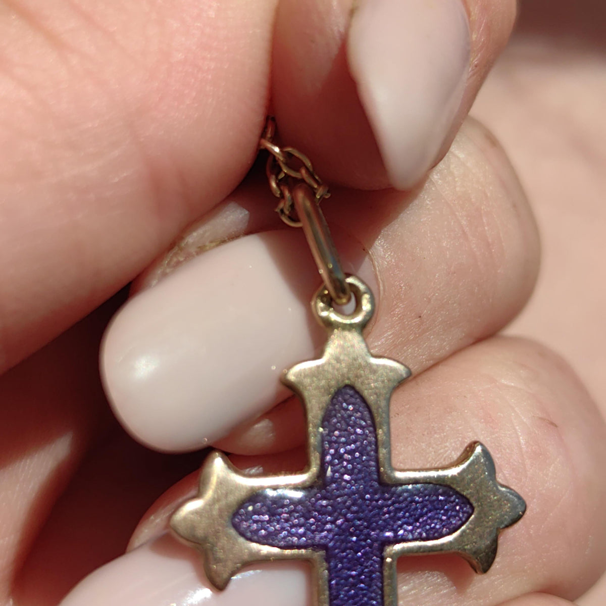 14k Yellow Rose Champagne Solid Gold Latin Cross  Catholic Pendant Blue Purple Enamel Christian Jewelry Gift Present