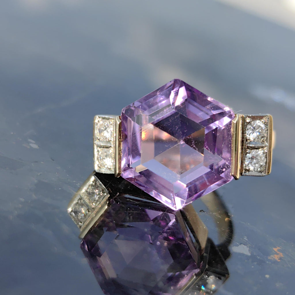 Art Deco Amethyst Cocktail Ring: 14k Yellow Gold Diamond Accent