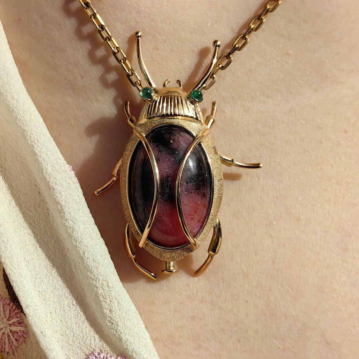 Antique Large Bug Heavy solid gold Jasper and Emerald Insect Pendant Brooch