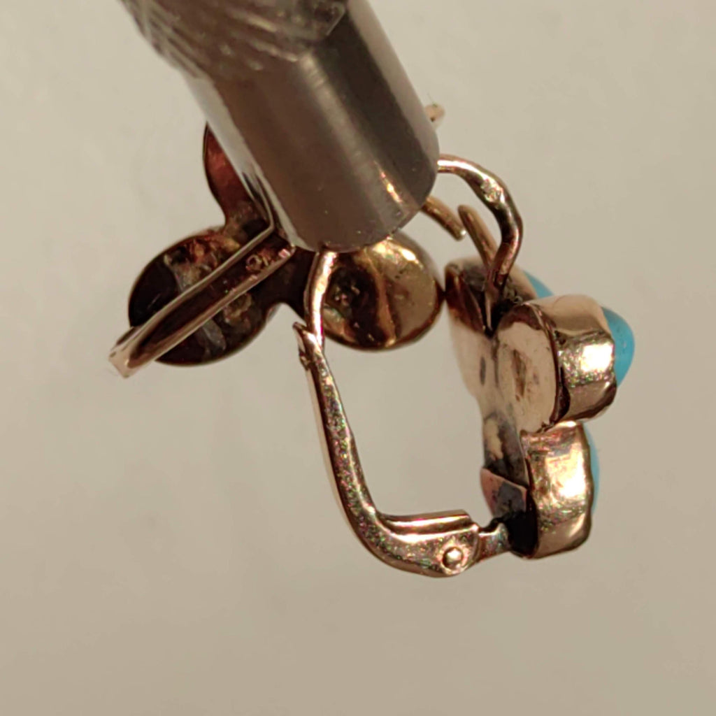 Antique 14k Gold Turquoise Earrings: Art Nouveau Trefoil Sleepers