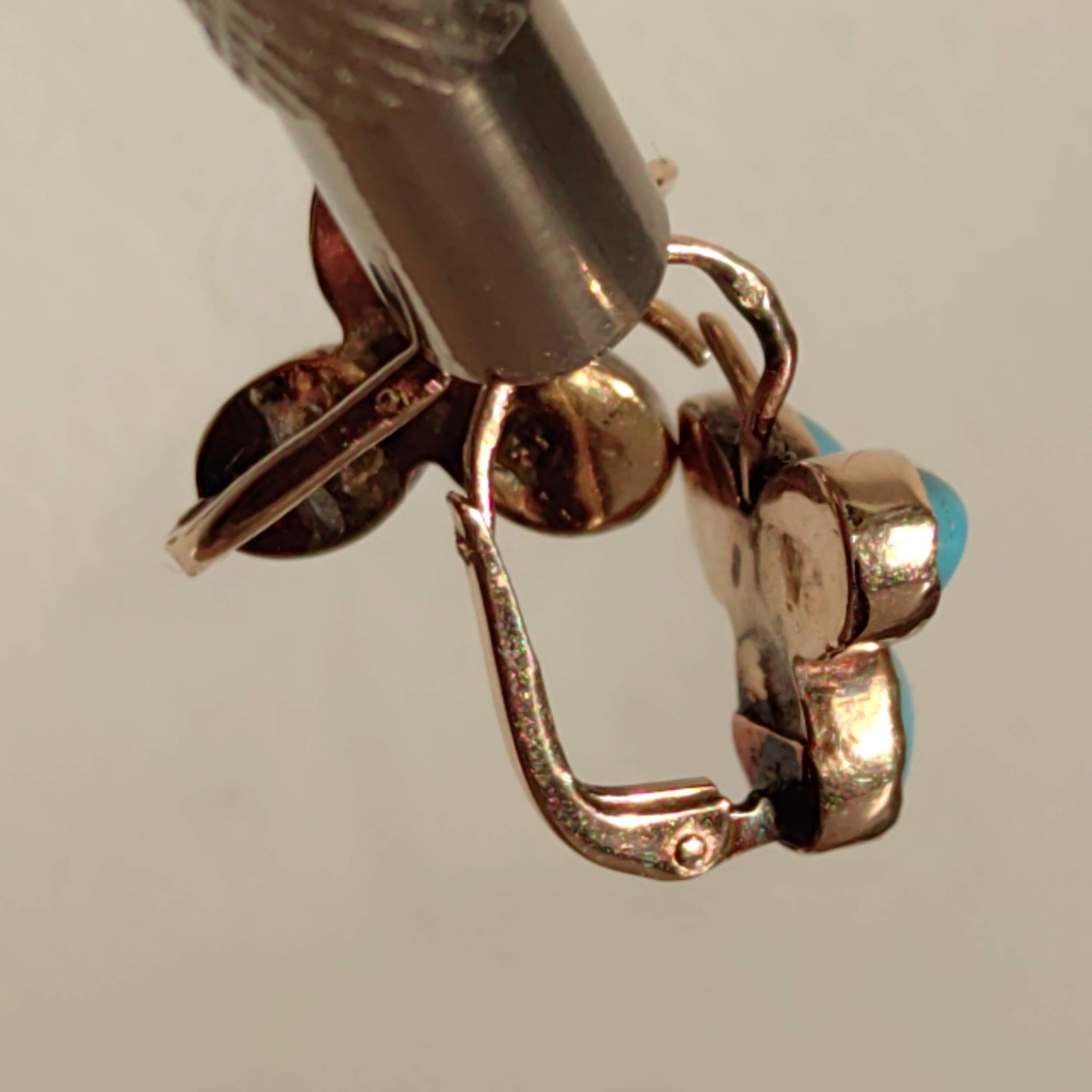 Antique 14k Gold Turquoise Earrings: Art Nouveau Trefoil Sleepers