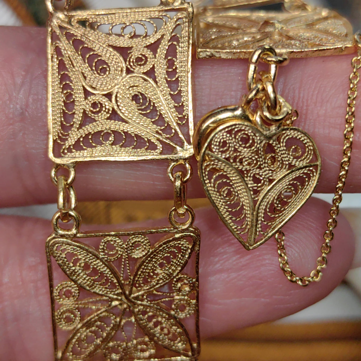 1940s s Antique Vintage 24k Gold Plated Hallmarked 925 Sterling Silver Handmade Filigree Chain Square link Bracelet gift for her wife girl