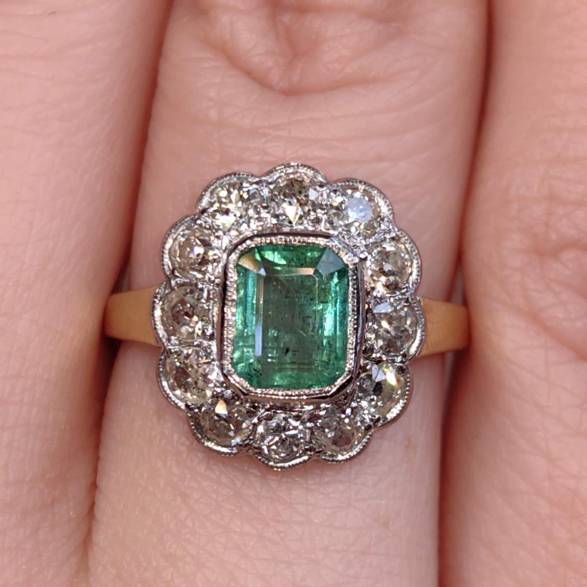 Antique 14k Solid Yellow Gold Natural Green Emerald Diamond 1900s Victorian Elegant Vintage Statement Ring Gift for Her