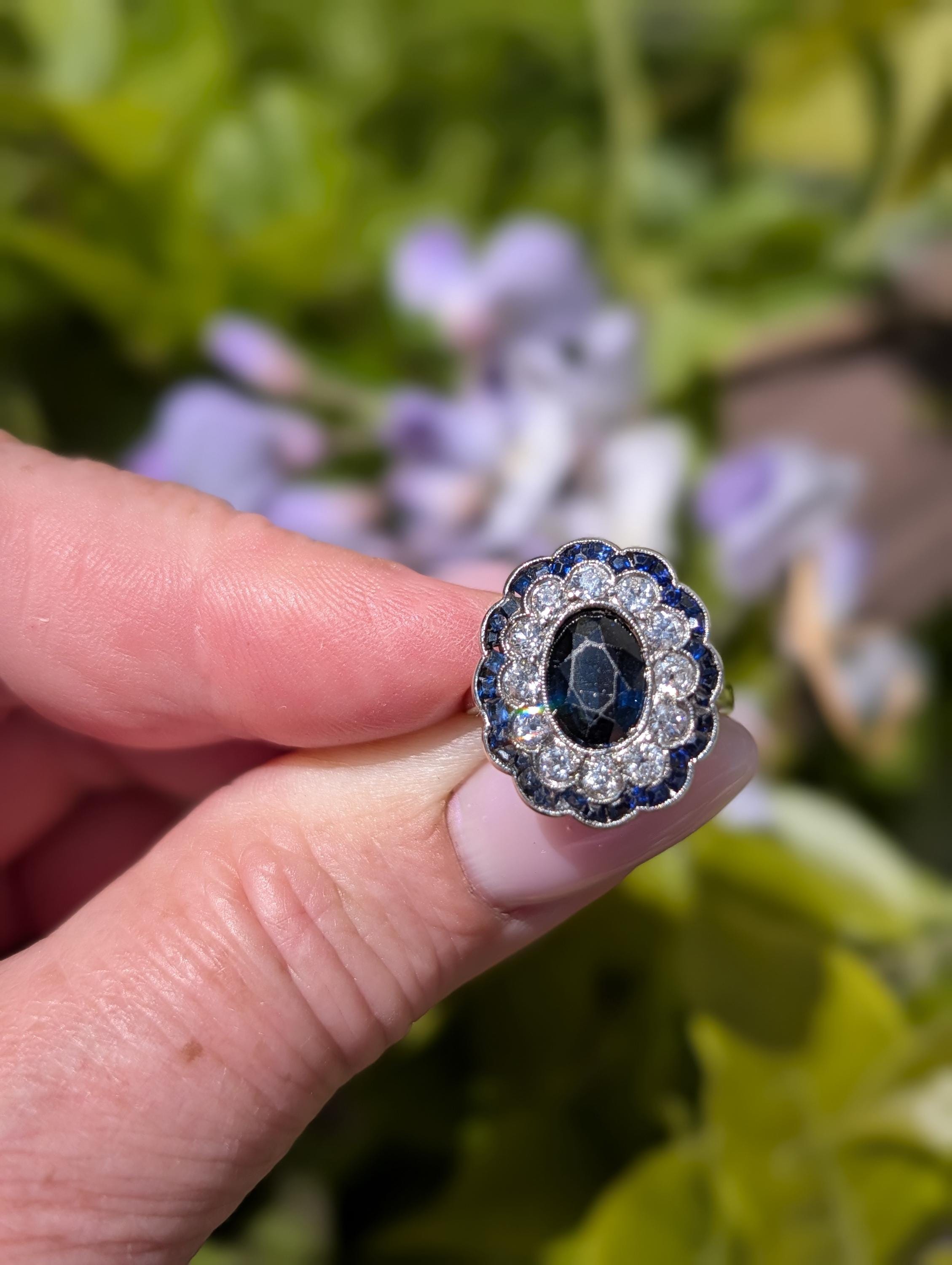 1920s French Art Deco Platinum Sapphire Diamond Ring – European Cut Statement Piece