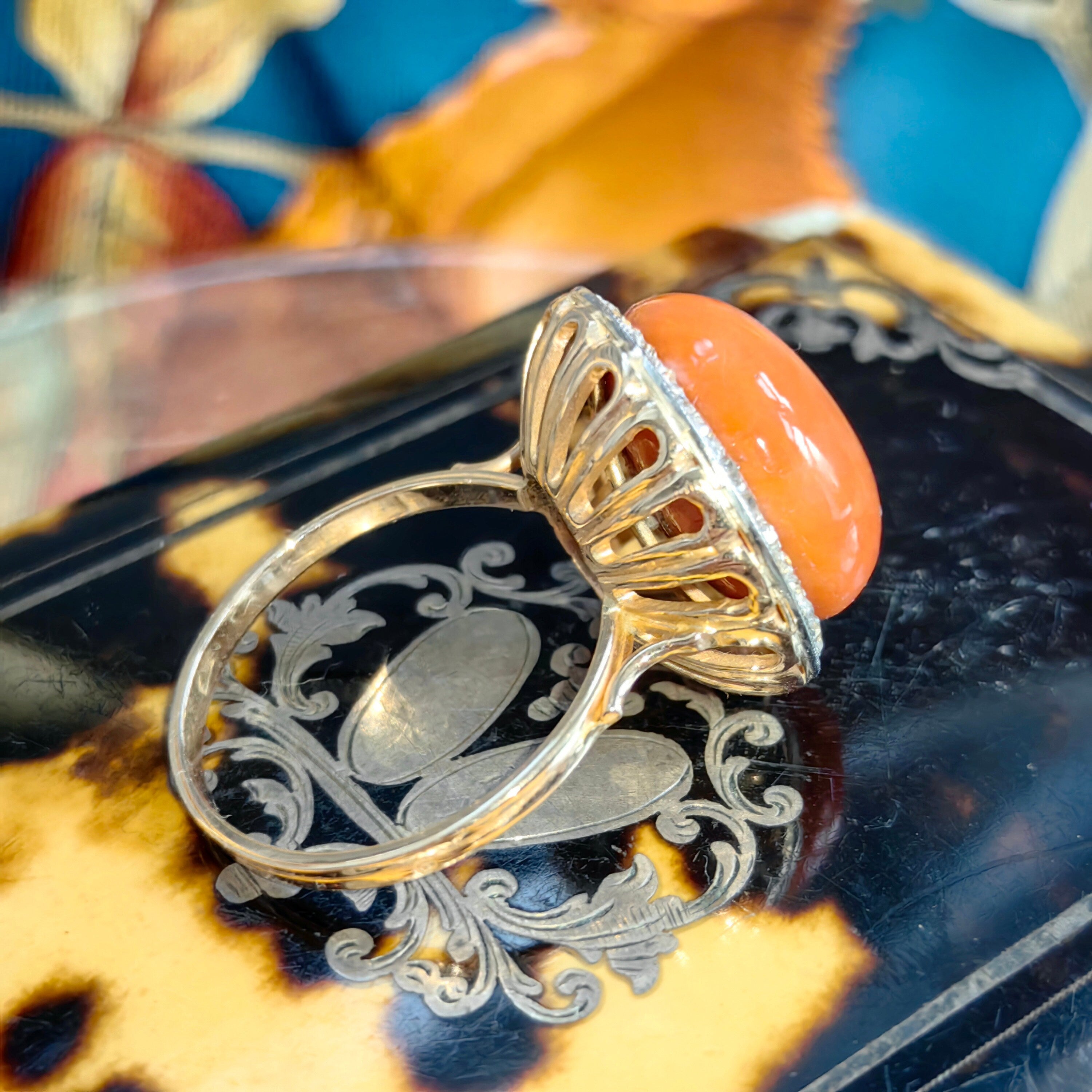 Art Deco Coral Diamond Ring: 1930s Platina Setting, 14k Gold