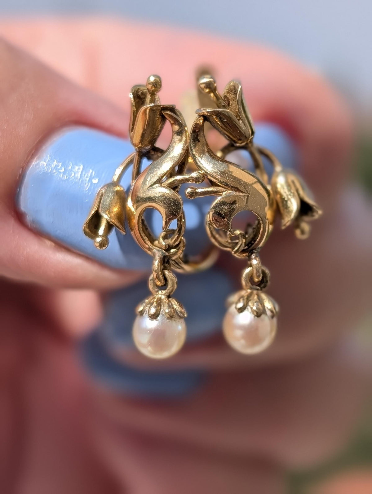 Art Deco 1920s Pearl Yellow Gold Earrings, 18k Gold Dangle Floral Earrings, Antique Vintage Floral Dangle Earrings, Gift for Her