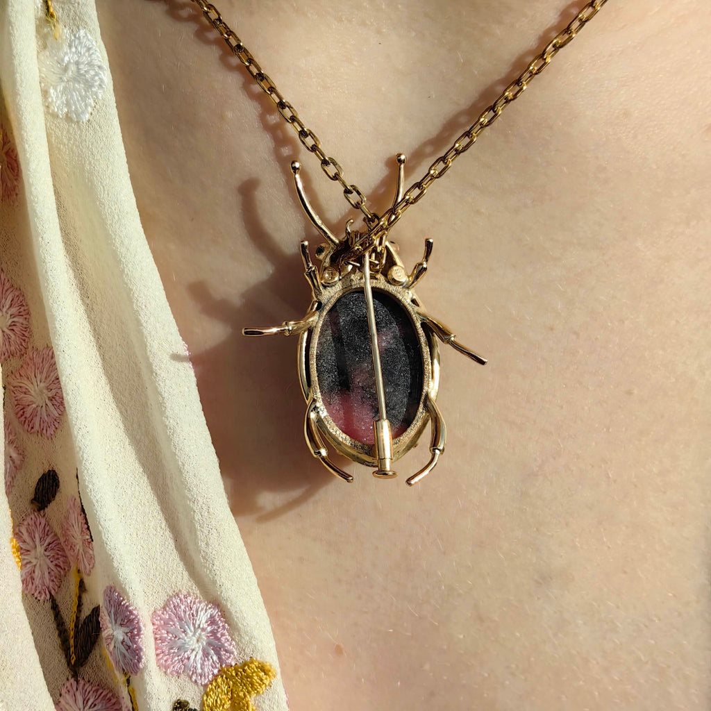Antique Large Bug Heavy solid gold Jasper and Emerald Insect Pendant Brooch