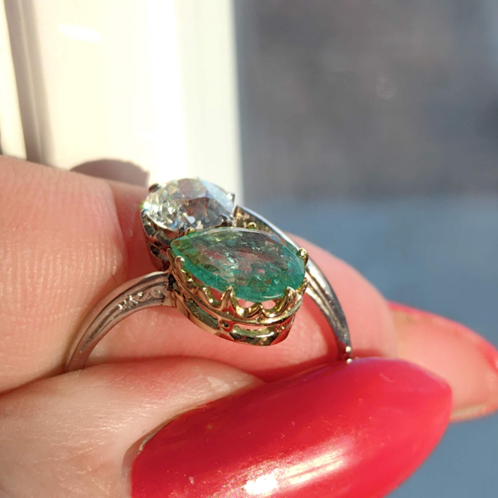 Edwardian Colombian Emerald Diamond Ring: 18k White Gold Antique Engagement Band