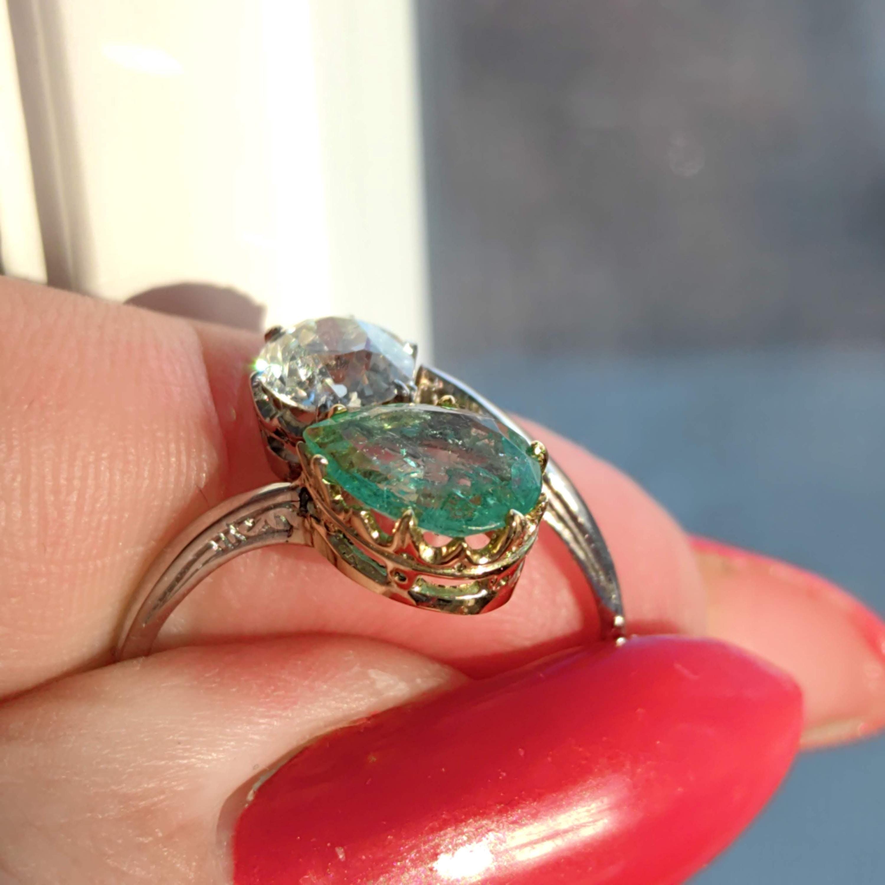 Edwardian Colombian Emerald Diamond Ring: 18k White Gold Antique Engagement Band