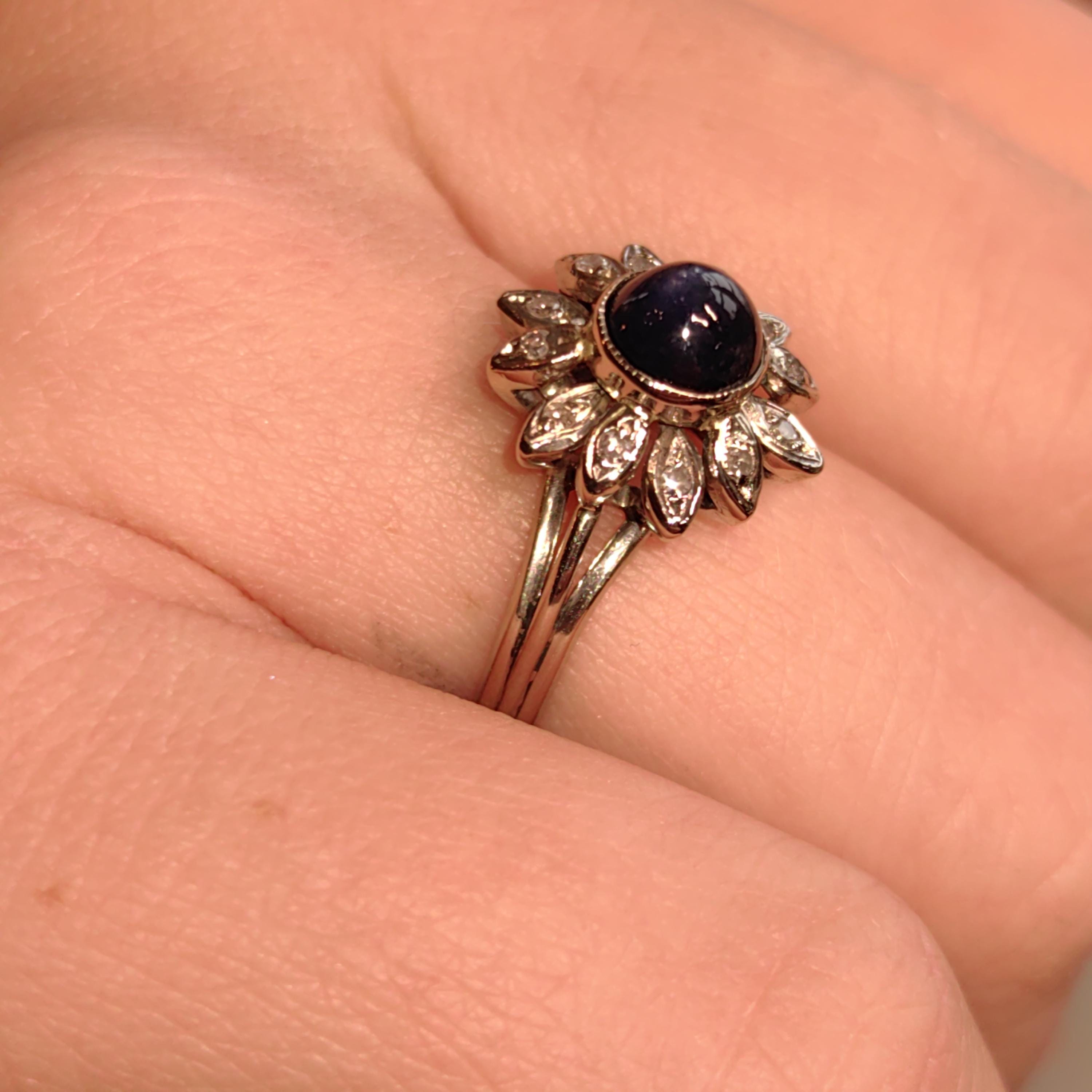 1940s Natural Blue Sapphire Diamond 18k Hallmarked White Gold Mid Century Flower Floral Engagement Antique Elegant Ring Gift for Her
