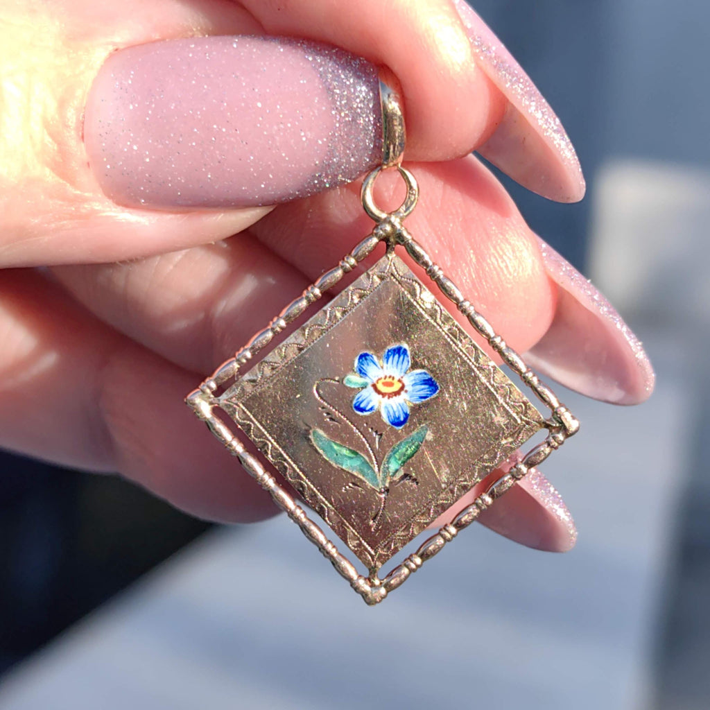 Art Nouveau 14k Gold Enamel Flower Pendant: Antique Miniature Charm