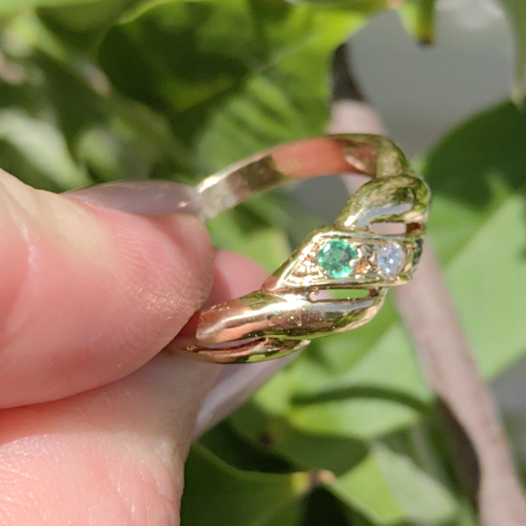 Natural Green Emerald Blue Sapphire Diamond 14k Solid Yellow Gold Vintage Antique Wave Shaped  Multi Stone Elegant Band Engagement Ring