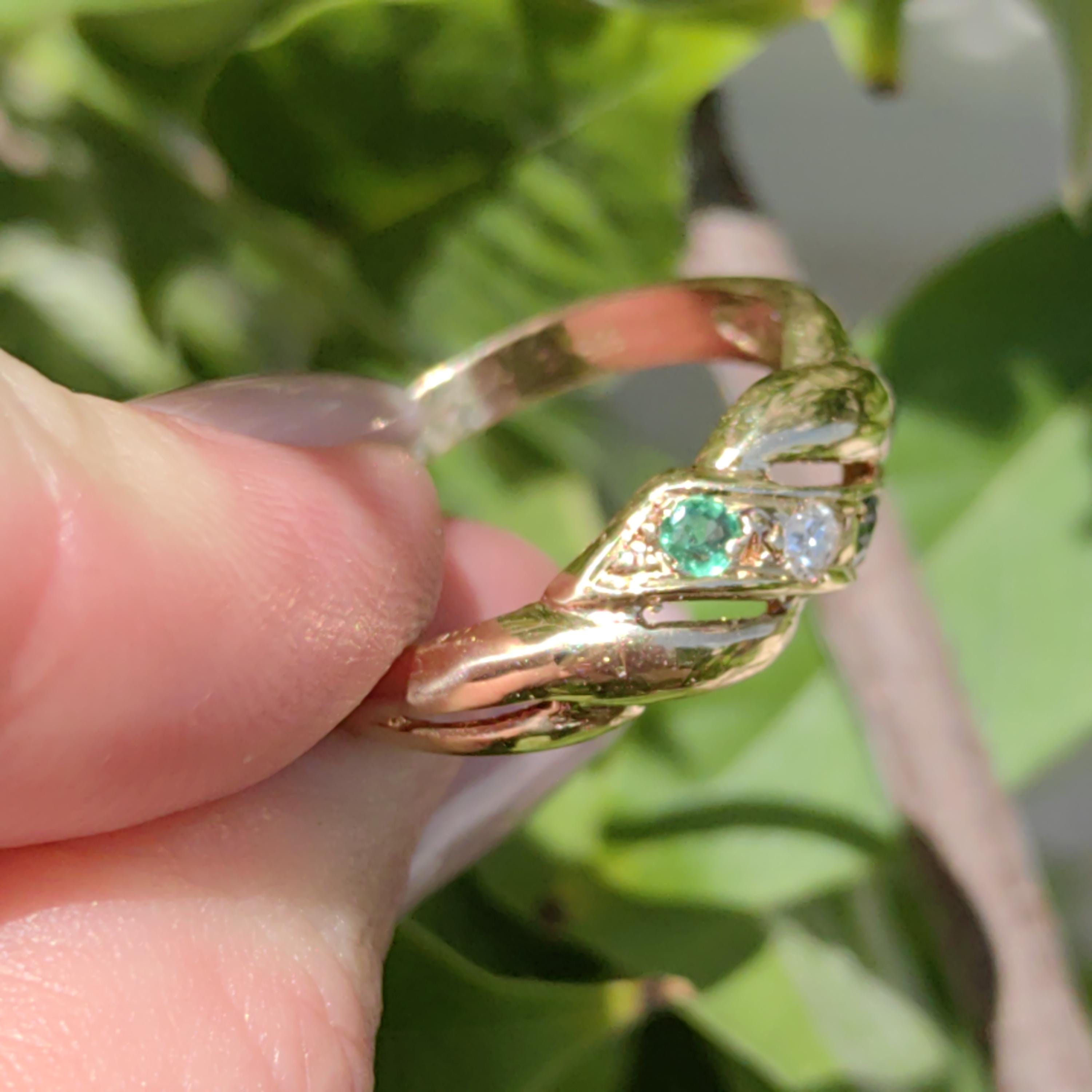 Natural Green Emerald Blue Sapphire Diamond 14k Solid Yellow Gold Vintage Antique Wave Shaped  Multi Stone Elegant Band Engagement Ring