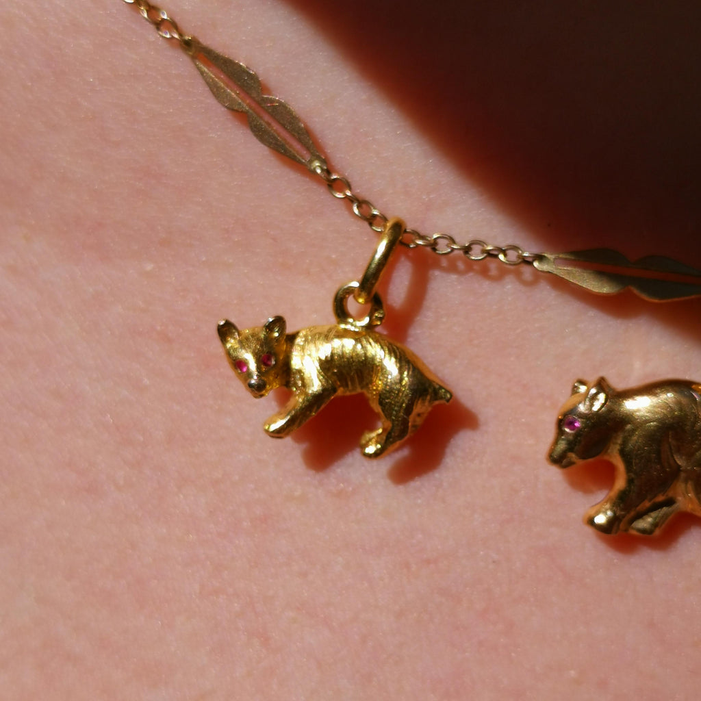 18K Gold Hyena Charm: Vintage Ruby Pendant Necklace