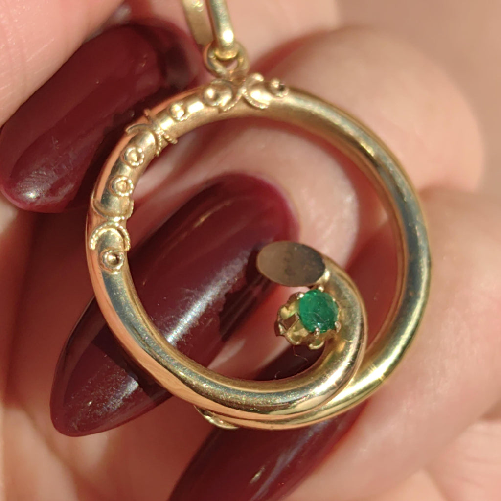 1900s Emerald Solid 18k Yellow Gold Filigree Hand Chiseled  Swirl Floral Necklace Pendant Antique Vintage Dainty Bracelet Charm Gift for Her
